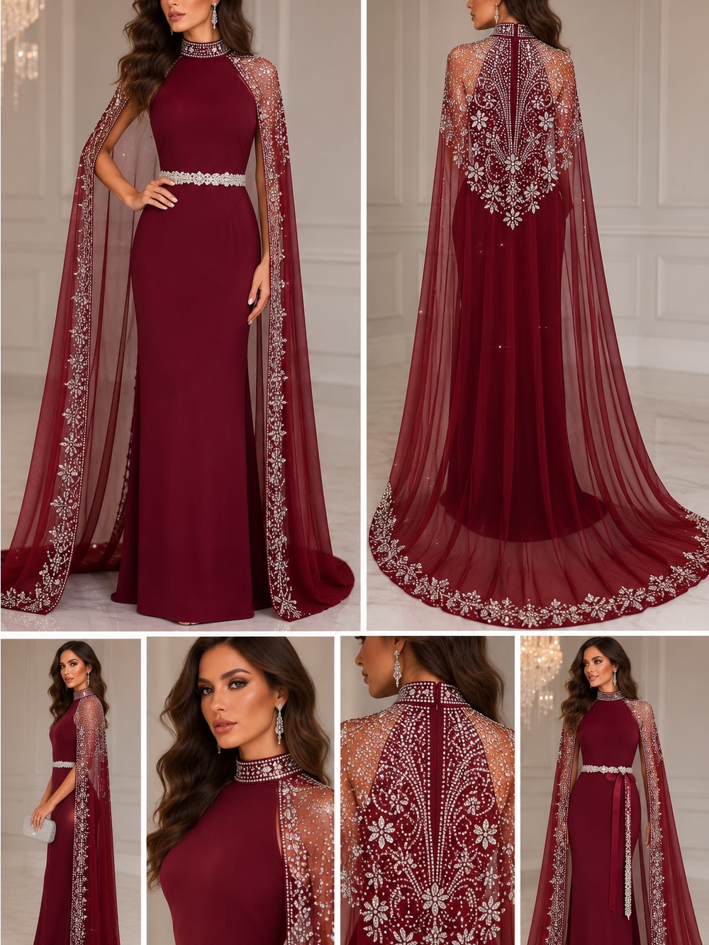 Faeriesty Burgundy Rhinestone Cape Formal Prom Gown w/ Belt Size Large